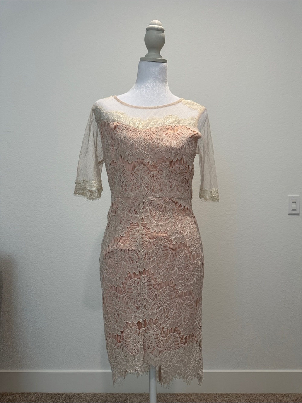 Soieblu Blush Pink Lace Midi Dress with Cream Overlay